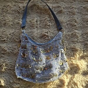 Stylish Sequin Shoulder Bag - Silver and baby blue